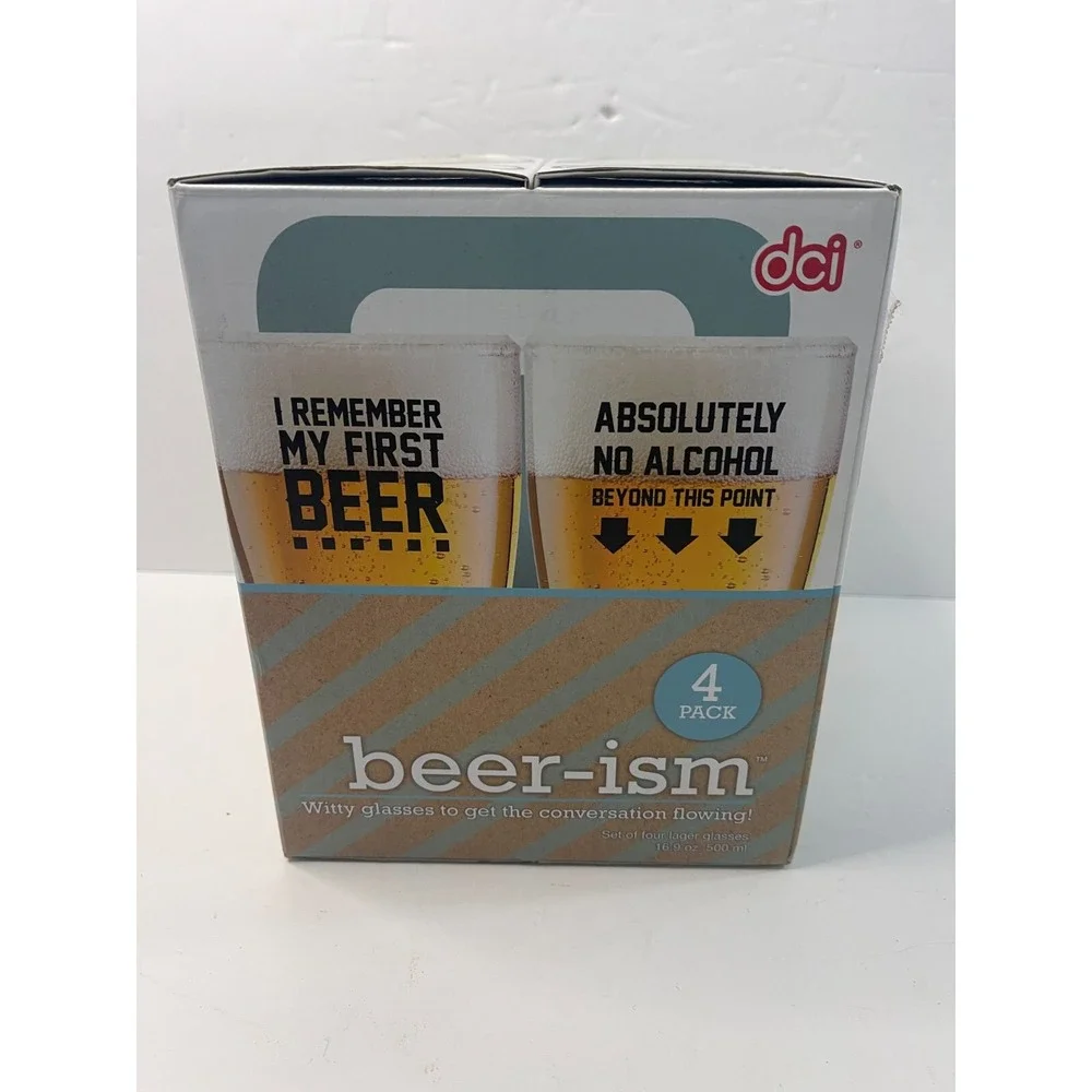 DCI Beer-ism Witty Lager Glass Set 4 Pack 16.9oz Novelty Barware Gift